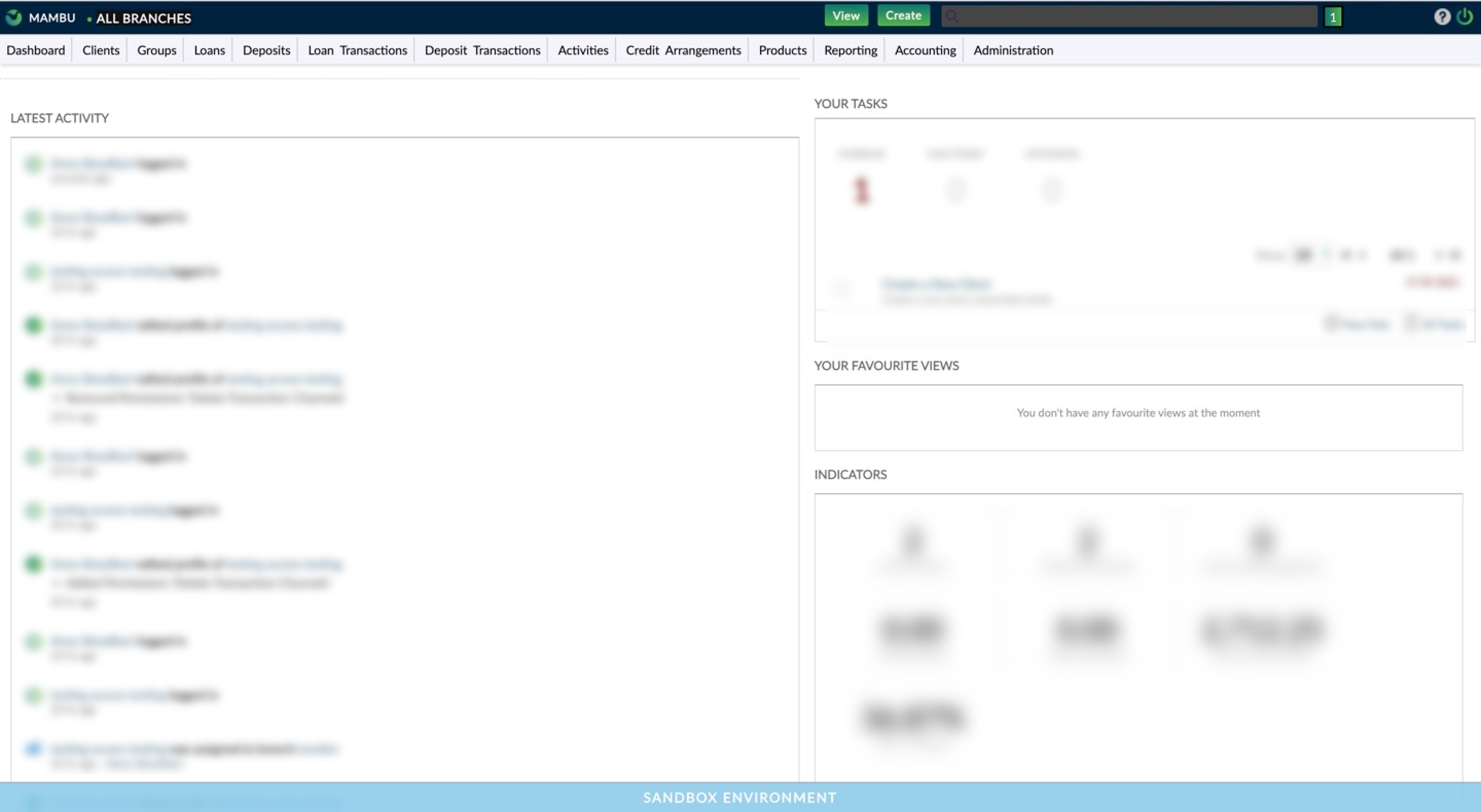 Mambu dashboard with blue sandbox environment bar